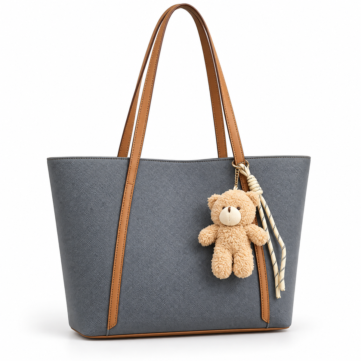 Sac cabas femme gris et camel avec charm ourson