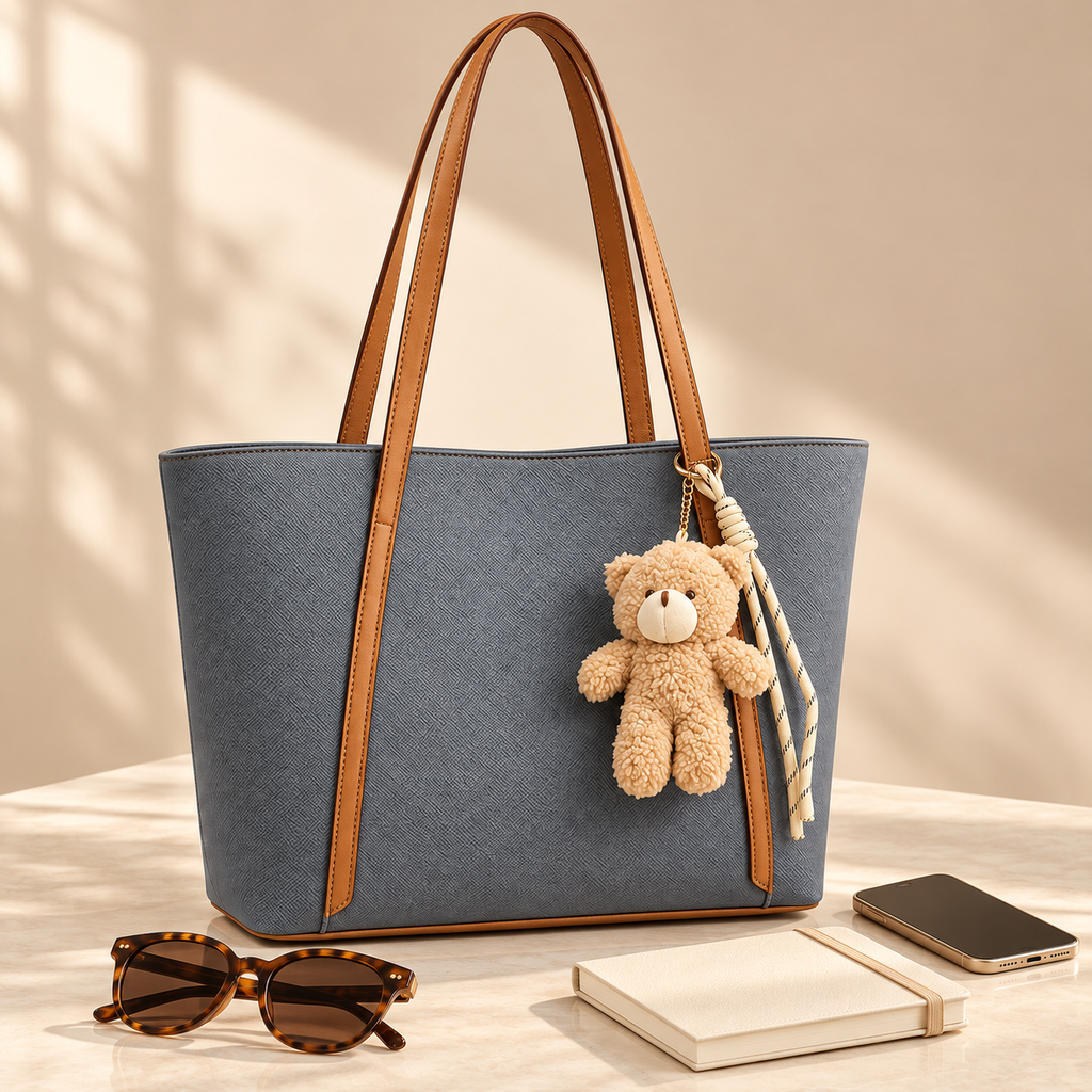 Sac cabas femme gris et camel avec charm ourson