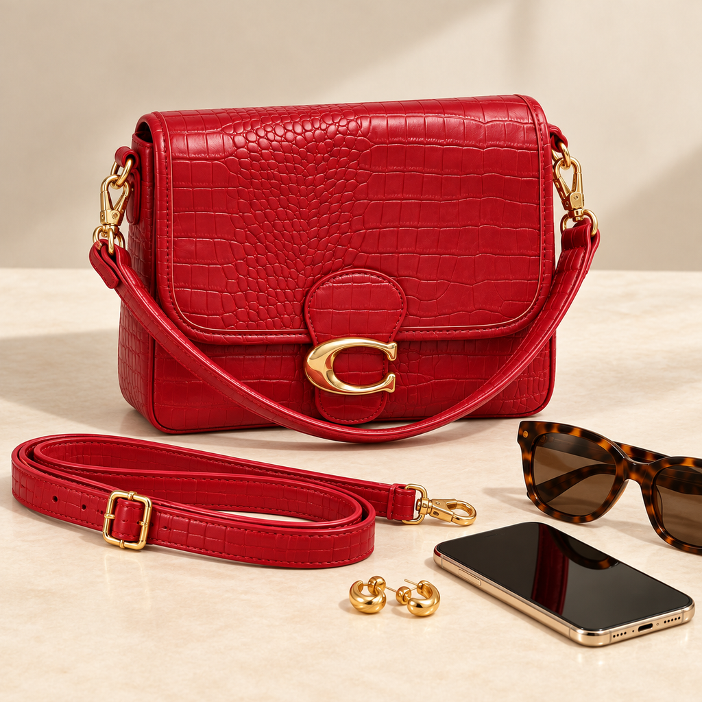 Sac Bandoulière Femme Rouge Effet Crocodile À Rabat – 25 × 20 × 7 cm