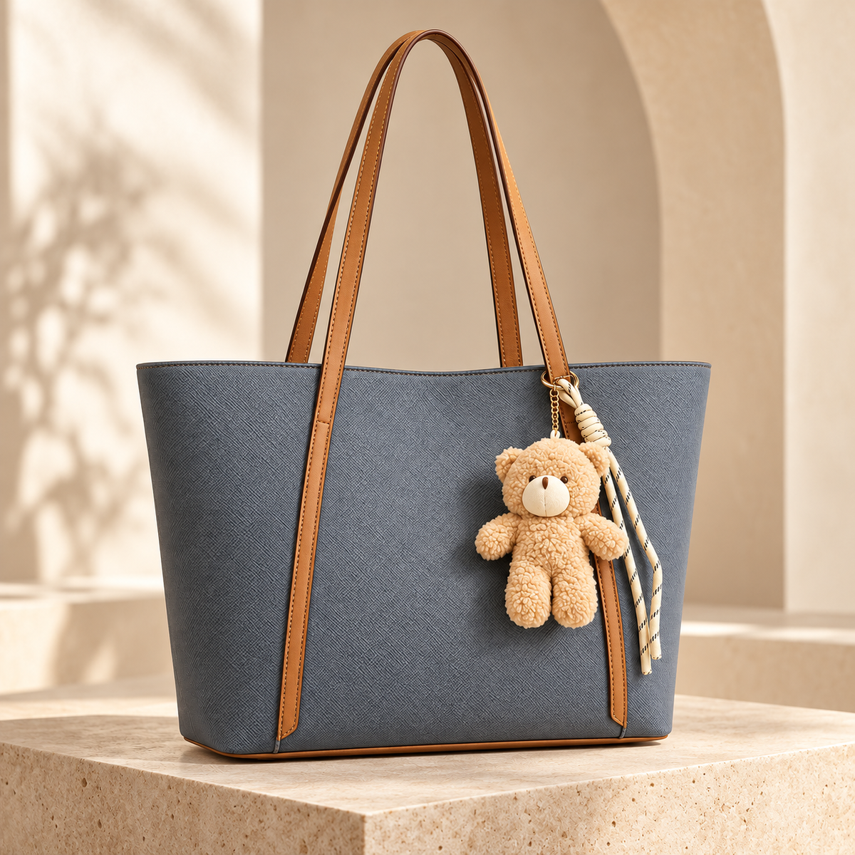 Sac cabas femme gris et camel avec charm ourson