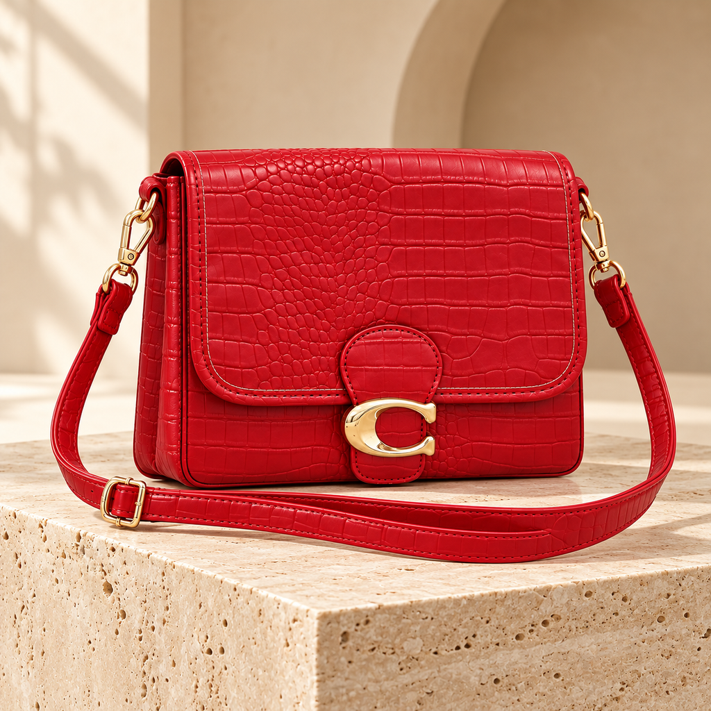 Sac Bandoulière Femme Rouge Effet Crocodile À Rabat – 25 × 20 × 7 cm