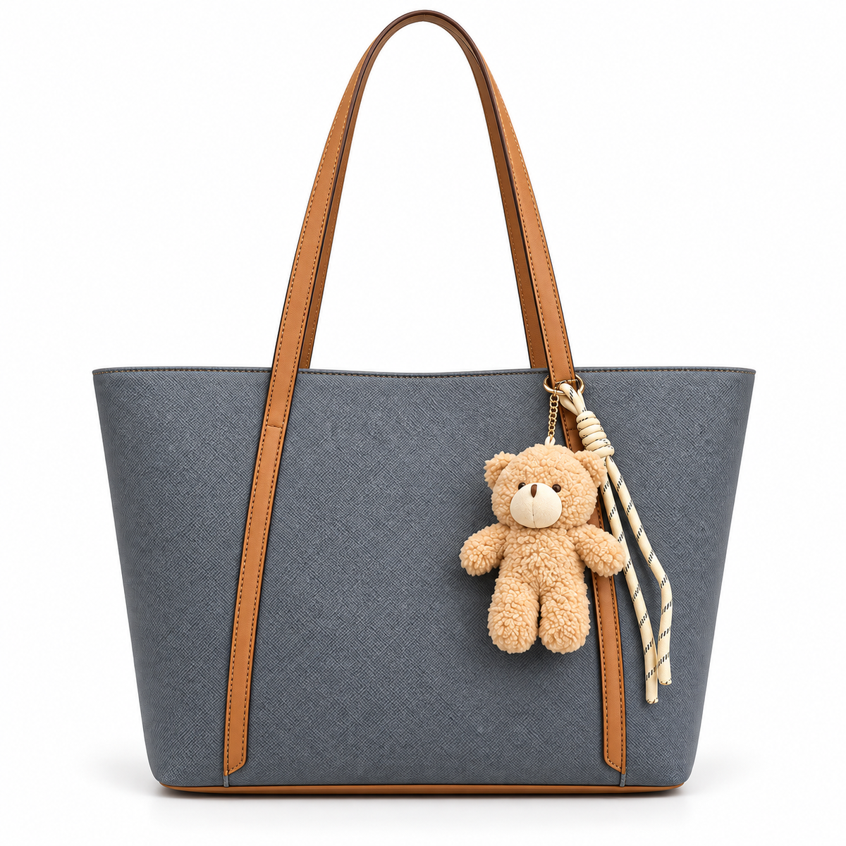 Sac cabas femme gris et camel avec charm ourson