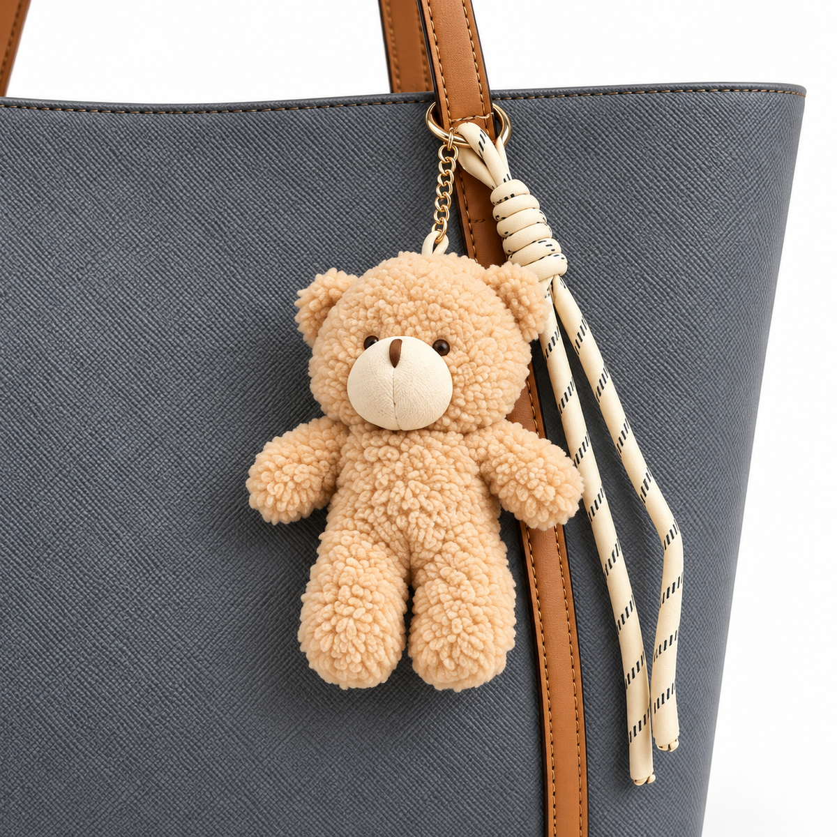 Sac cabas femme gris et camel avec charm ourson