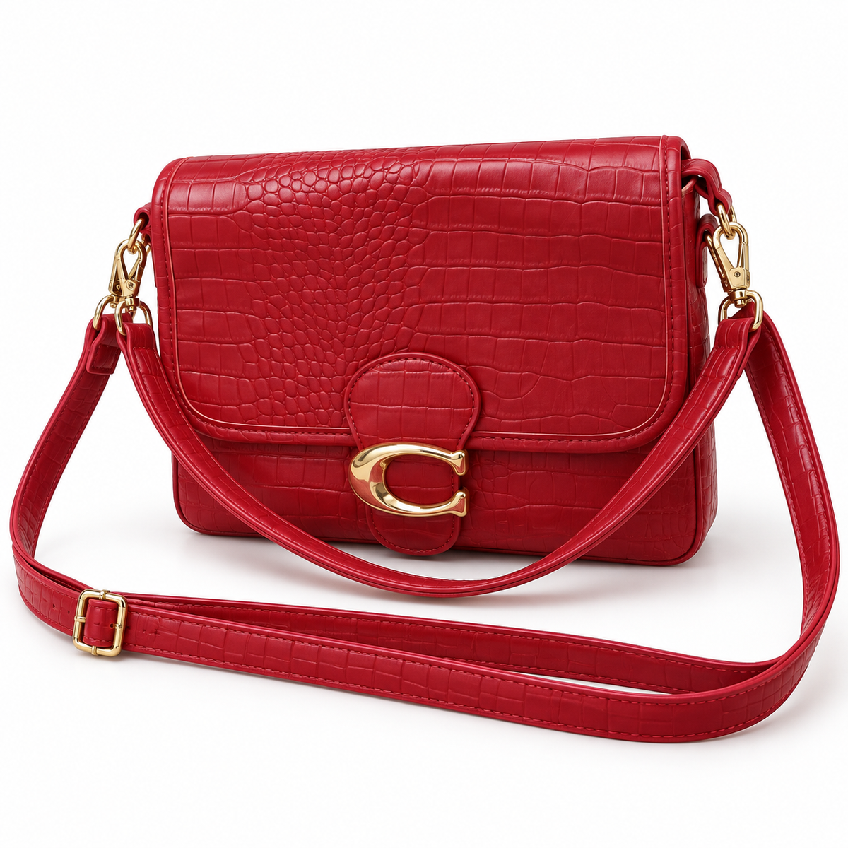 Sac Bandoulière Femme Rouge Effet Crocodile À Rabat – 25 × 20 × 7 cm