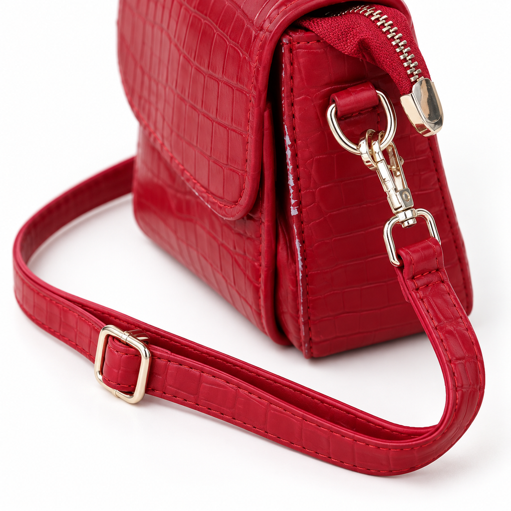 Sac Bandoulière Femme Rouge Effet Crocodile À Rabat – 25 × 20 × 7 cm
