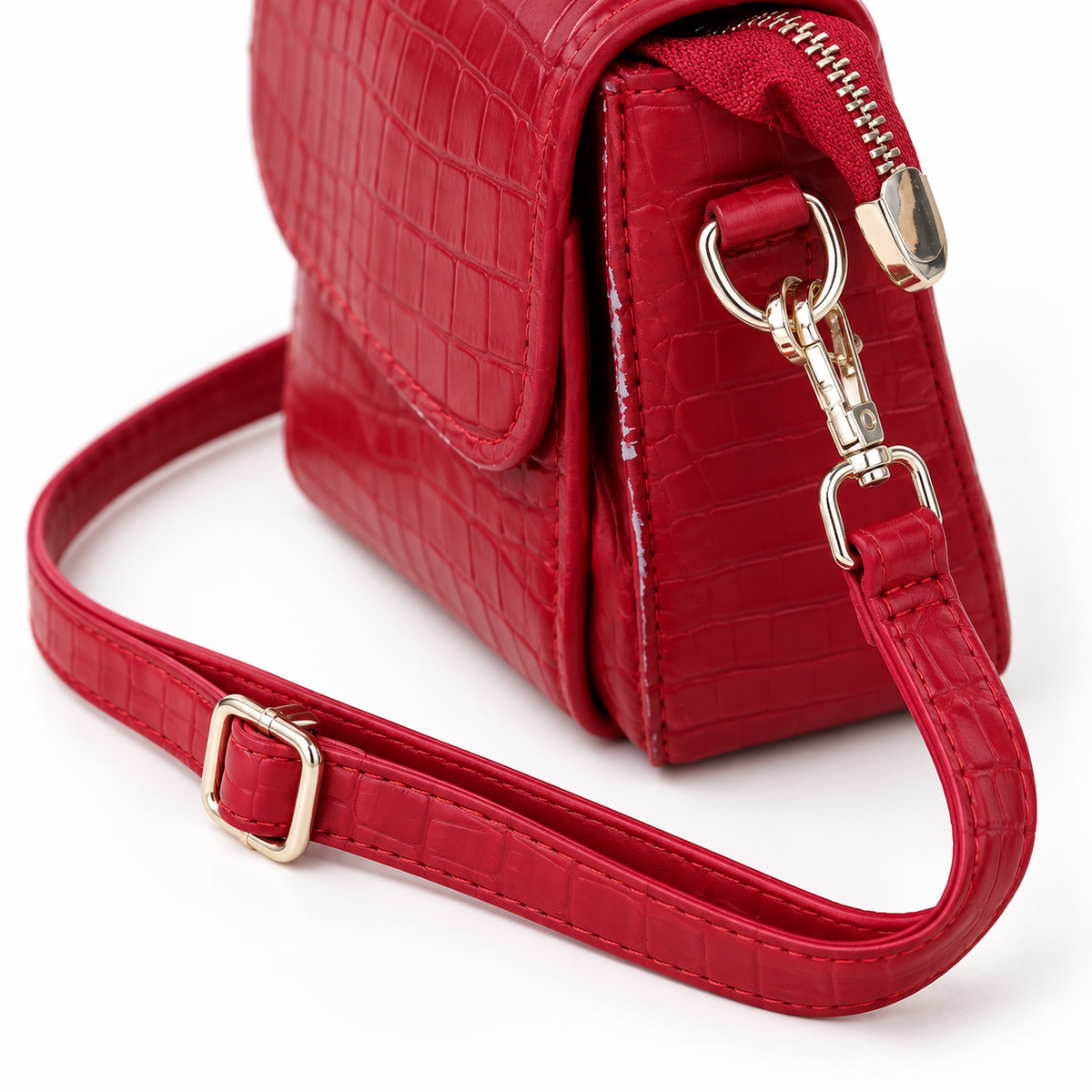Sac Bandoulière Femme Rouge Effet Crocodile À Rabat – 25 × 20 × 7 cm