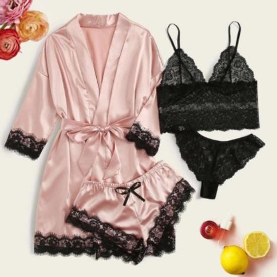 Ensemble Lingerie Femme Satin & Dentelle – Kimono, Shorty & Sous-Vêtements – Élégant & Sexy
